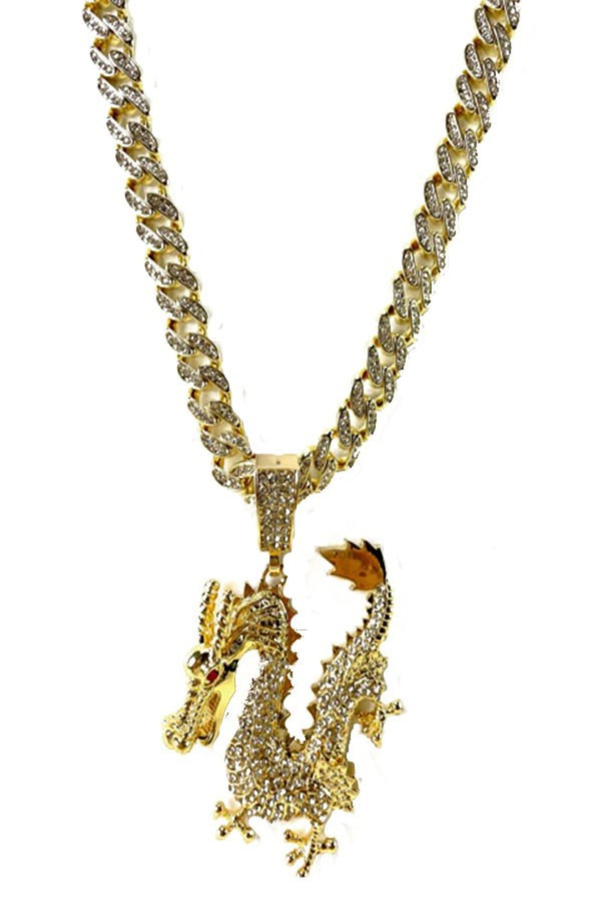 Hip Hop Rhinestone Dragon Pendant Necklace with sparkling rhinestones and intricate dragon design.