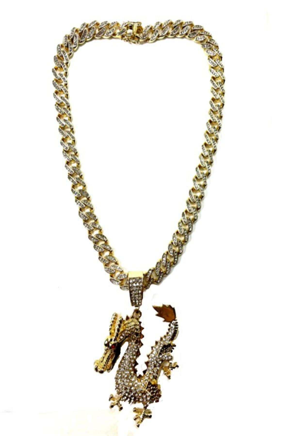 Hip Hop Rhinestone Dragon Pendant Necklace with sparkling rhinestones and intricate dragon design.