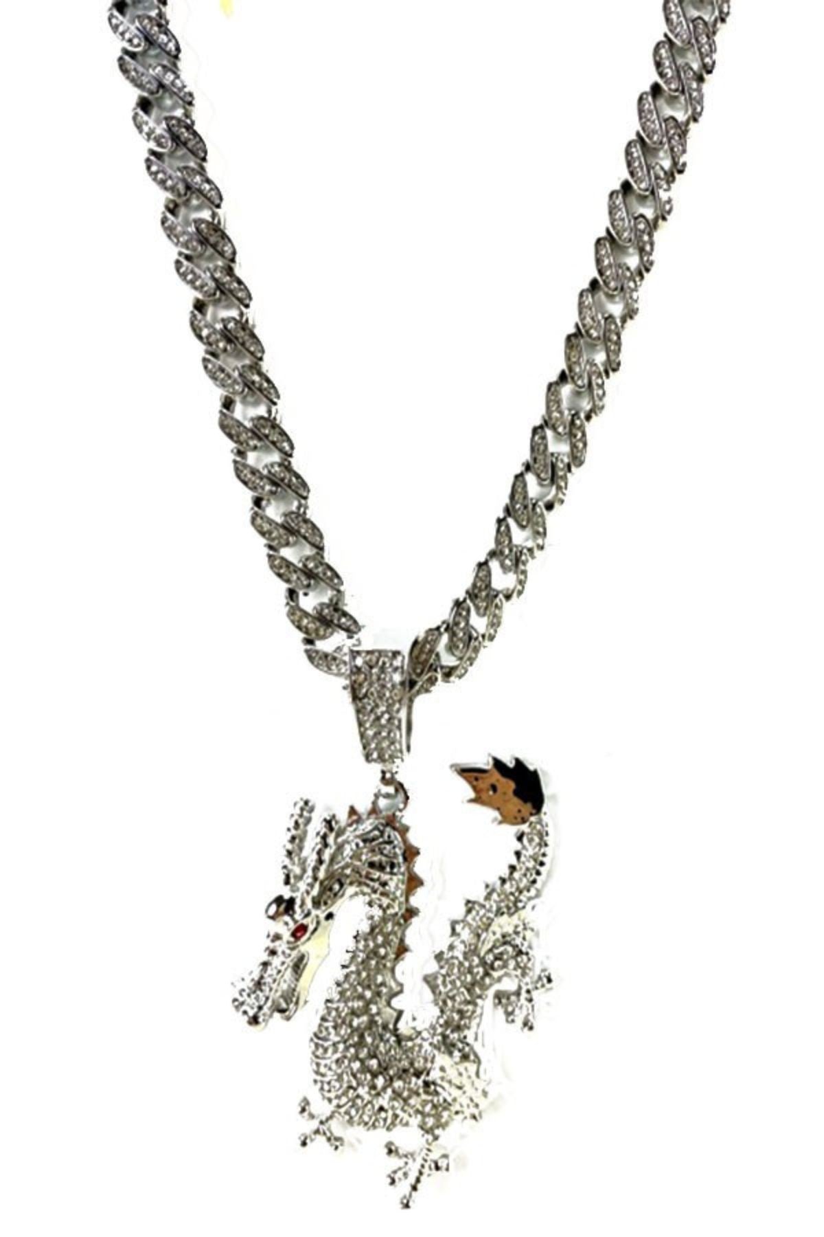 Hip Hop Rhinestone Dragon Pendant Necklace with sparkling rhinestones and intricate dragon design.