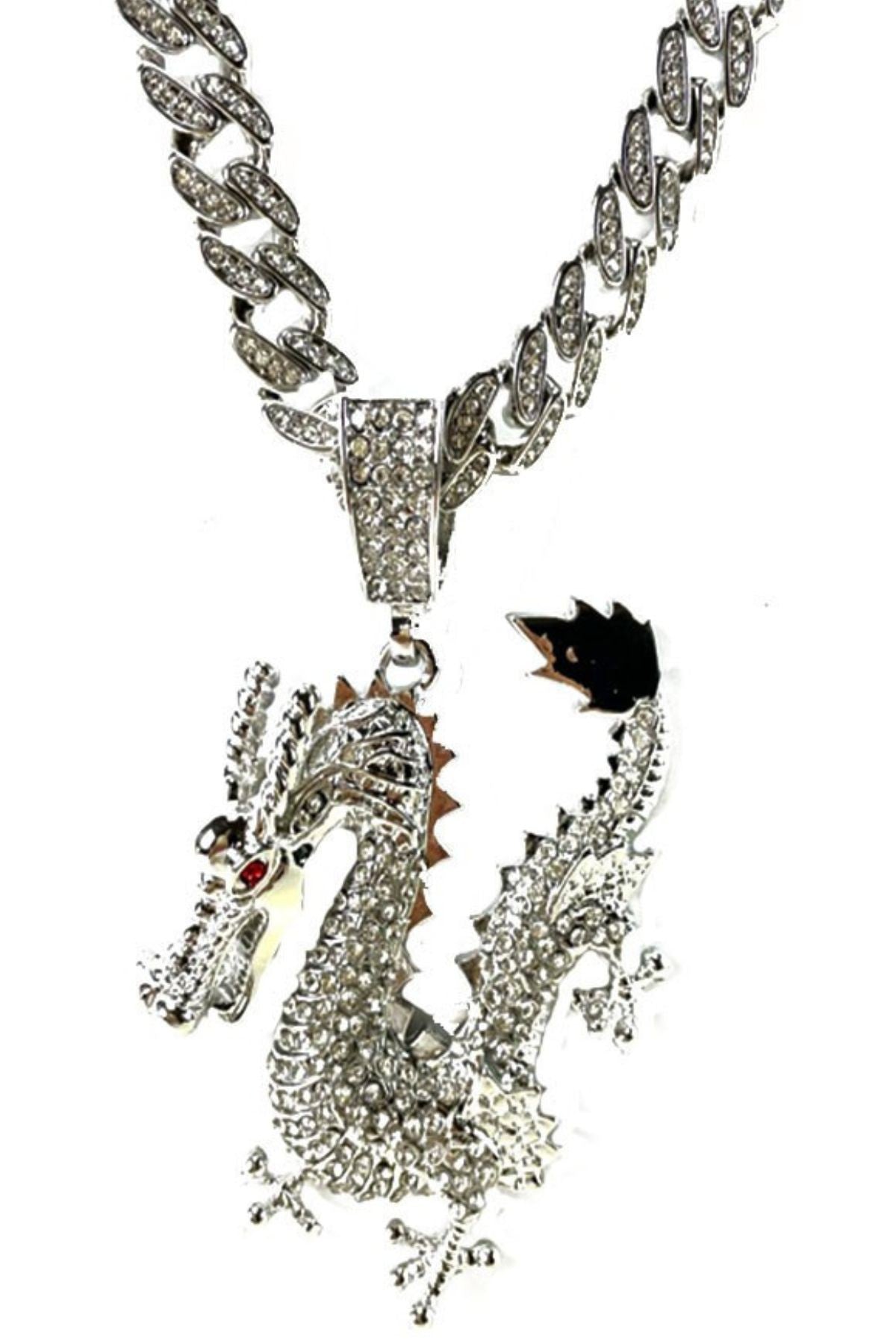 Hip Hop Rhinestone Dragon Pendant Necklace with sparkling rhinestones and intricate dragon design.