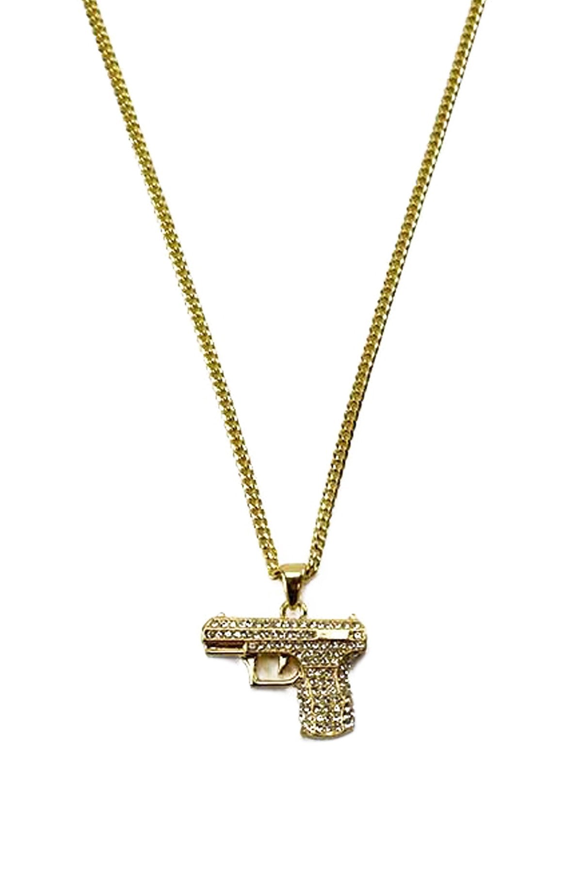 A stylish Crystal Gun Pendant Necklace with sparkling crystals, featuring a lobster claw clasp and a 30-inch length.