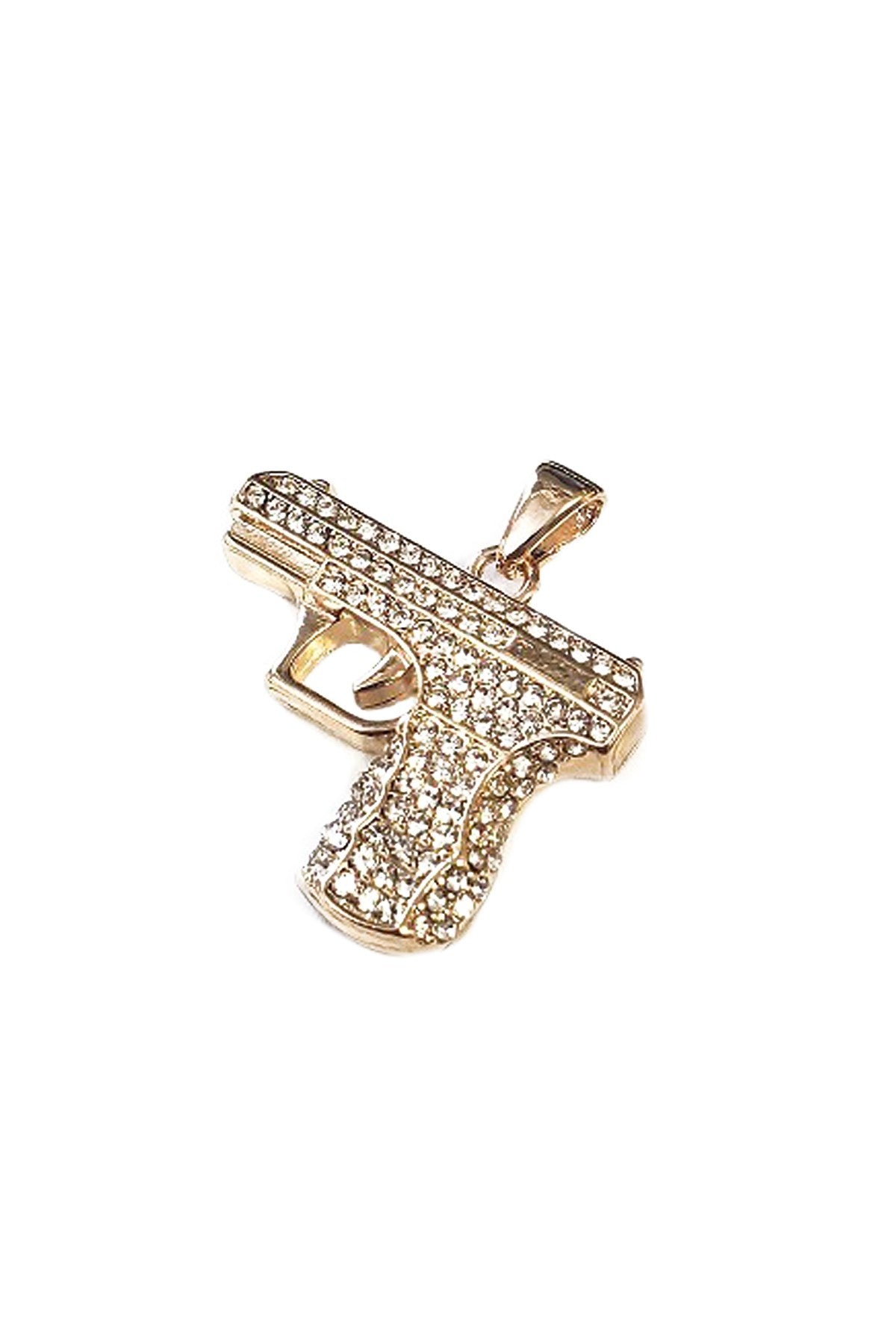 A stylish Crystal Gun Pendant Necklace with sparkling crystals, featuring a lobster claw clasp and a 30-inch length.