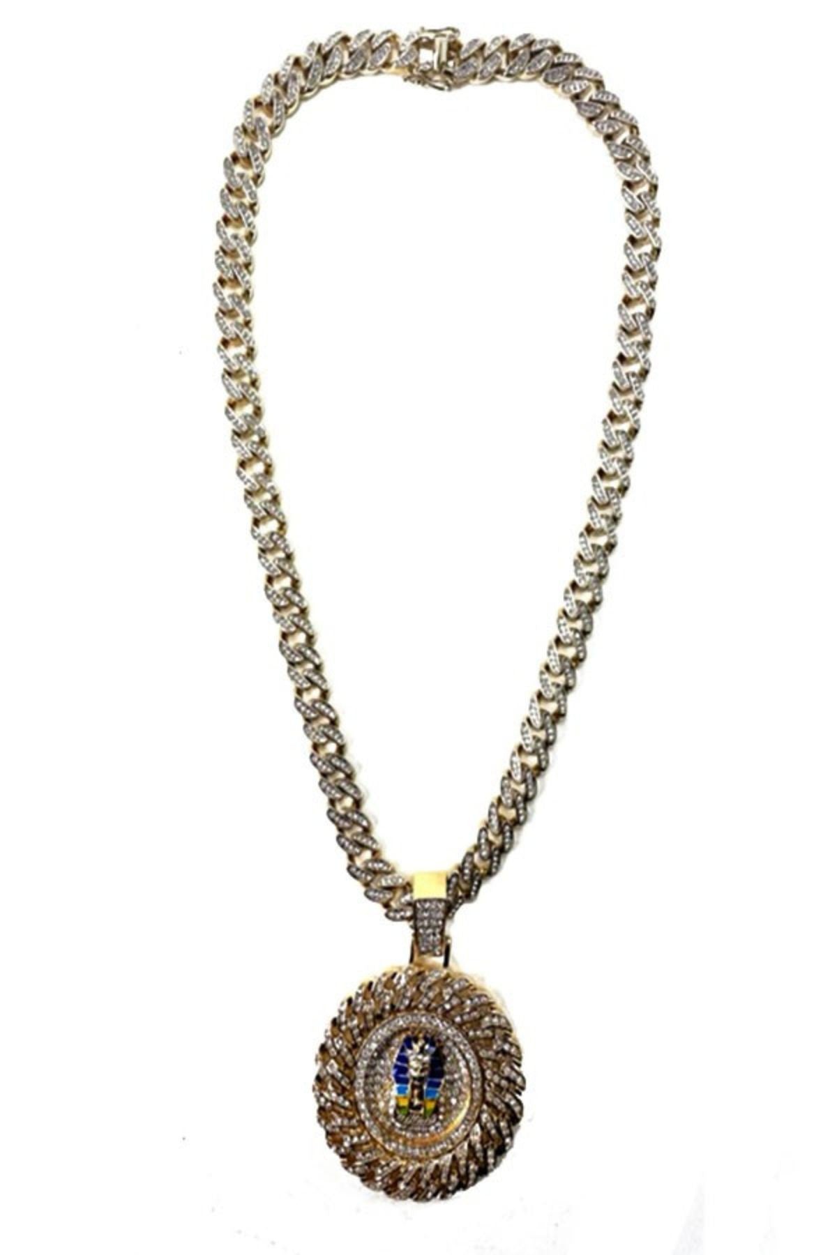 A stylish Hip Hop Rhinestone Pendant Necklace featuring a large sparkling pendant and a 20-inch chain, perfect for fashion enthusiasts.