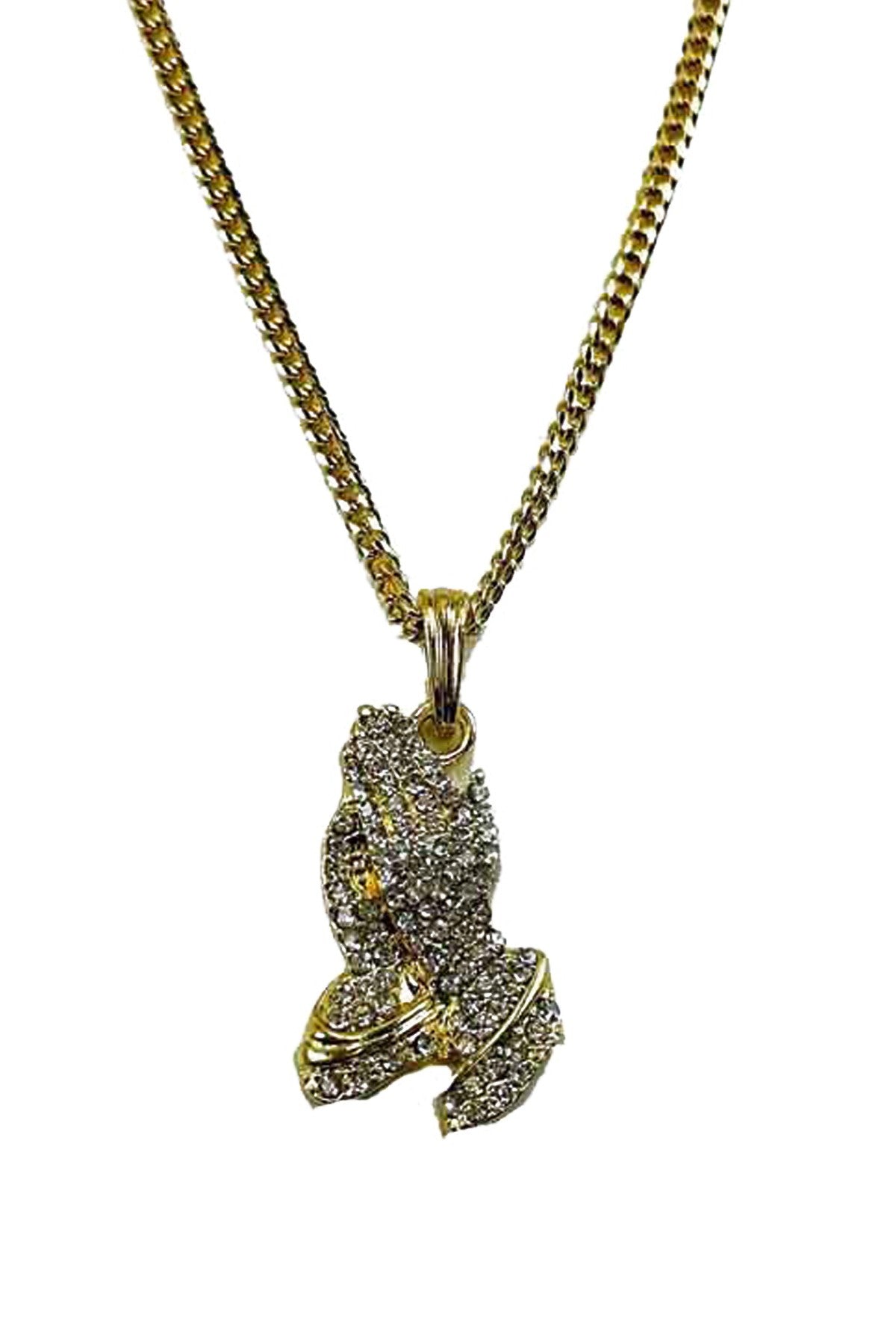 Crystal Praying Hands Pendant Necklace with sparkling crystals on a delicate chain, approximately 28 inches long.