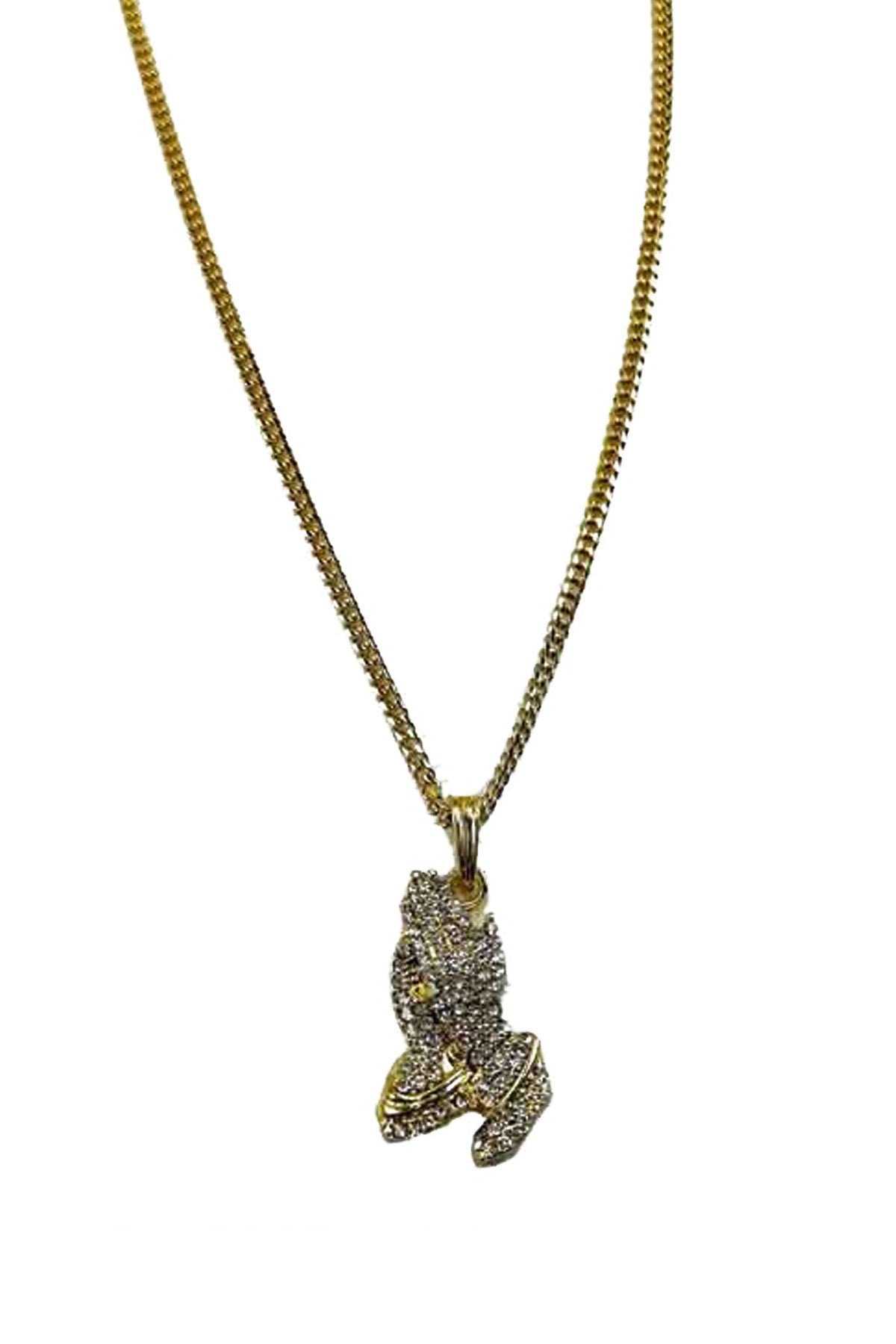 Crystal Praying Hands Pendant Necklace with sparkling crystals on a delicate chain, approximately 28 inches long.