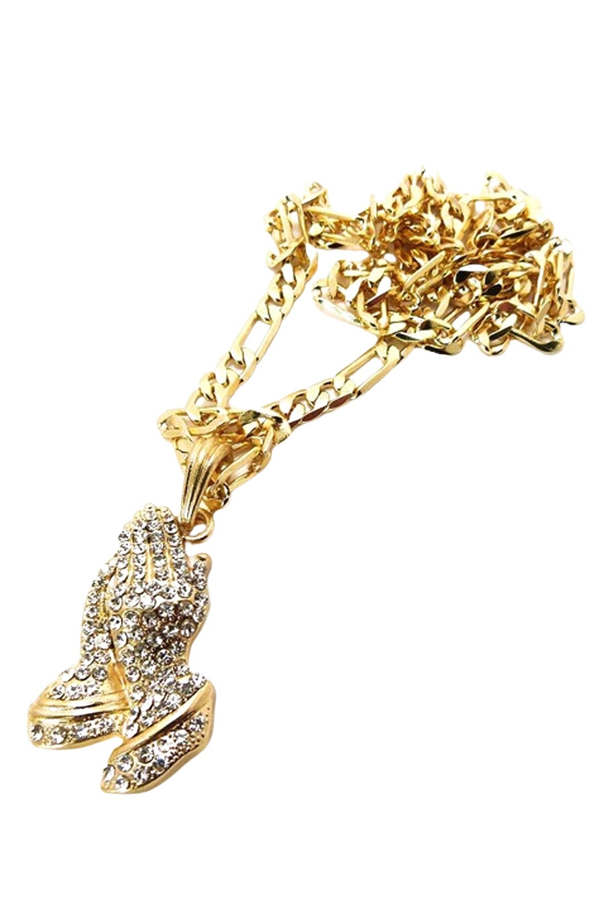 Crystal Praying Hands Pendant Necklace with sparkling crystals on a delicate chain, approximately 28 inches long.