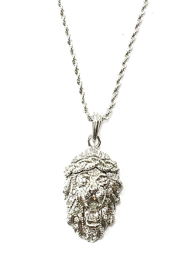 A stunning lion pendant necklace with an elegant design, approximately 28 inches long, showcasing its intricate details.