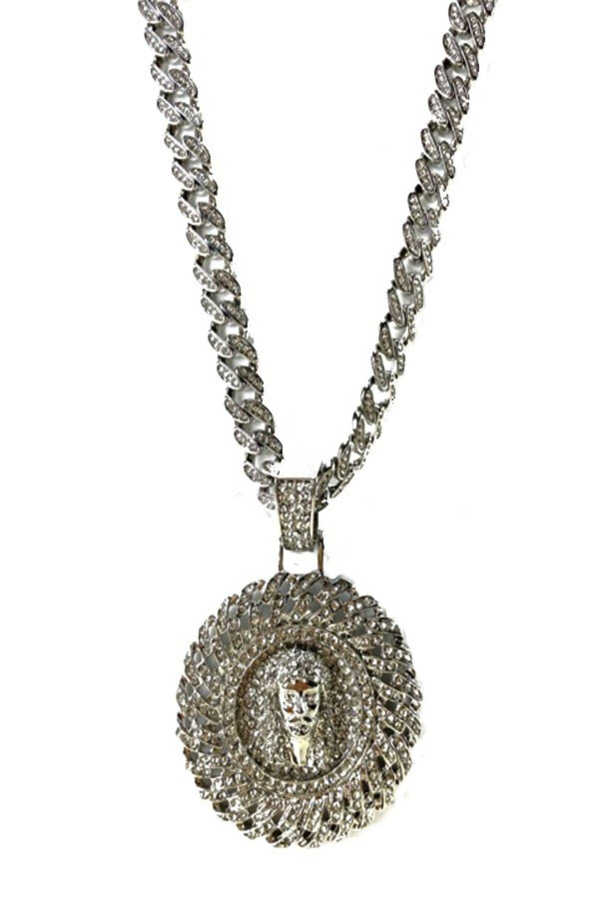 Hip Hop Rhinestone Jesus Pendant Necklace with sparkling rhinestones, 20-inch length, and 2.5x2.5 inch pendant size.