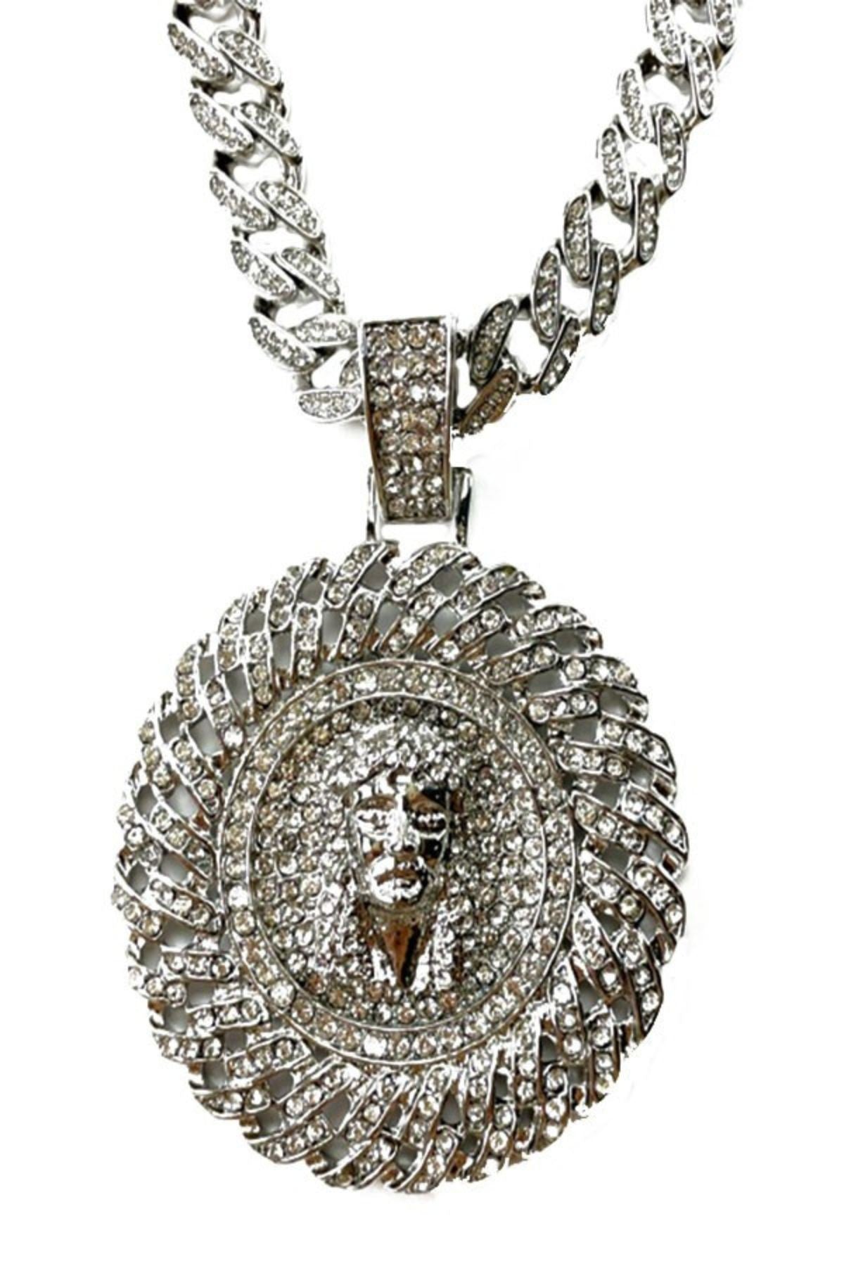 Hip Hop Rhinestone Jesus Pendant Necklace with sparkling rhinestones, 20-inch length, and 2.5x2.5 inch pendant size.