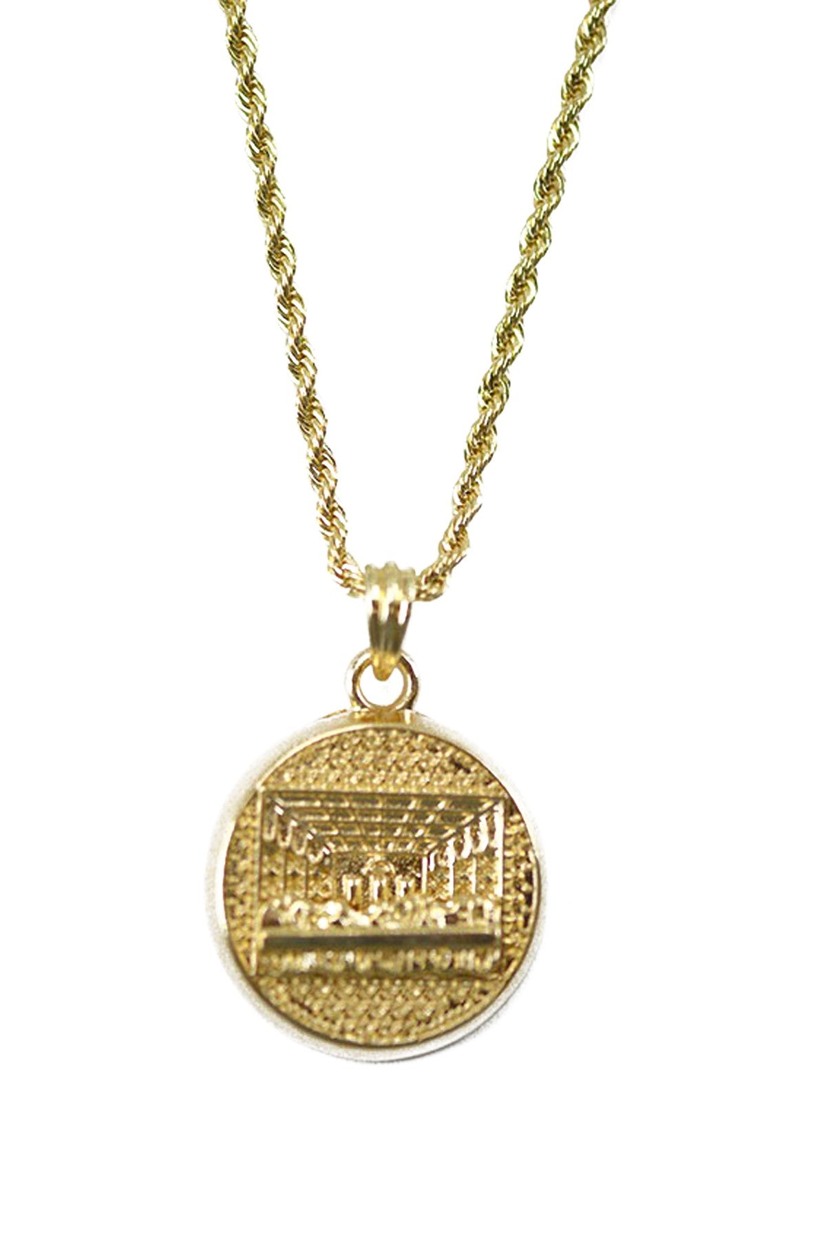 A detailed Last Supper pendant necklace with an elegant design, approximately 28 inches long, showcasing a significant art piece.