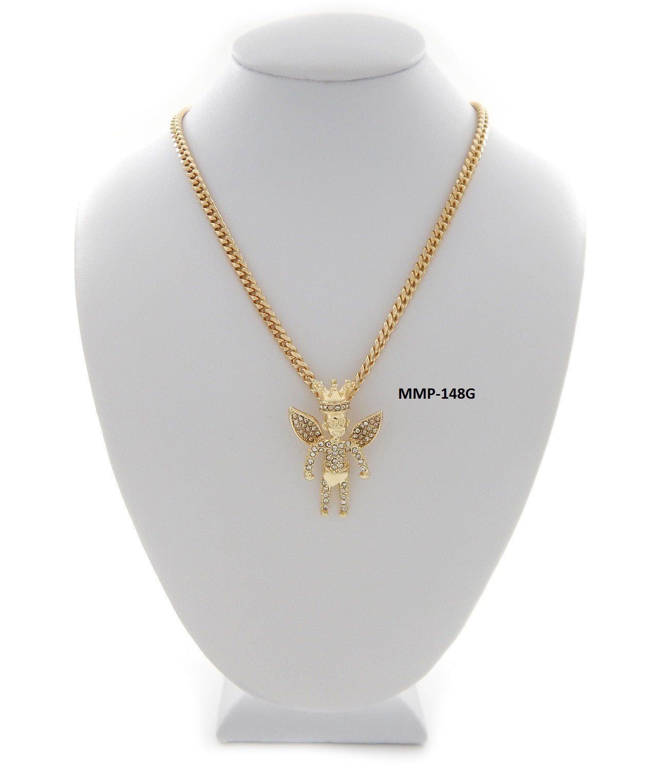 Crown Angel Pendant Necklace with a 30-inch chain, featuring a lobster claw clasp and elegant design.