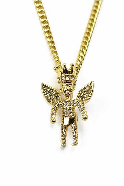 Crown Angel Pendant Necklace with a 30-inch chain, featuring a lobster claw clasp and elegant design.