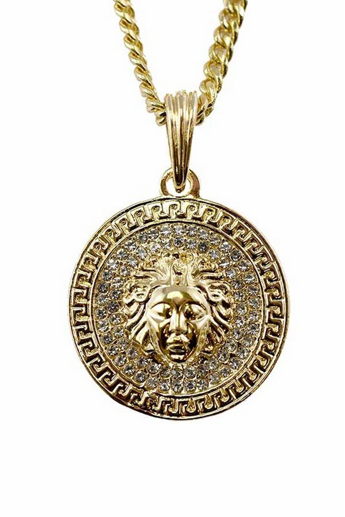 Vintage lion head pharaoh face pendant necklace with gold plating and rhinestones, showcasing intricate details and a lobster claw clasp.