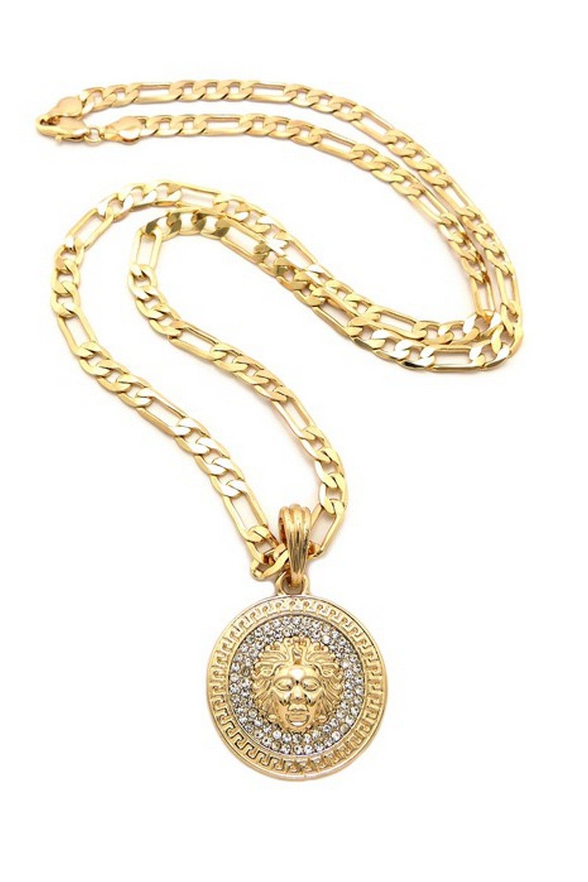 Vintage lion head pharaoh face pendant necklace with gold plating and rhinestones, showcasing intricate details and a lobster claw clasp.