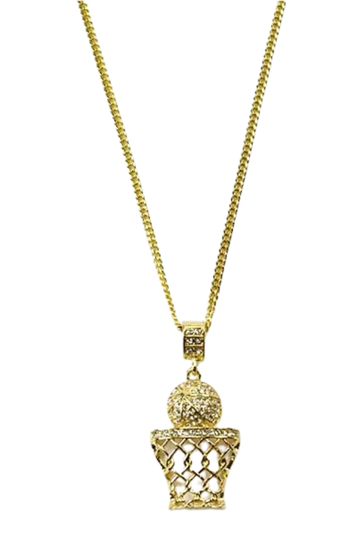 A stylish crystal accent basketball pendant necklace with a 30-inch chain and lobster claw clasp.