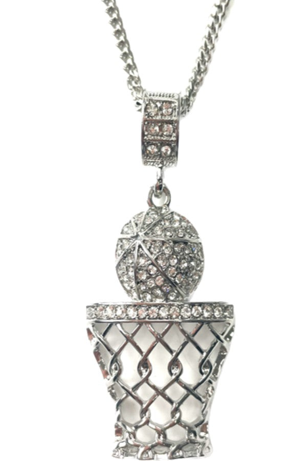 A stylish crystal accent basketball pendant necklace with a 30-inch chain and lobster claw clasp.