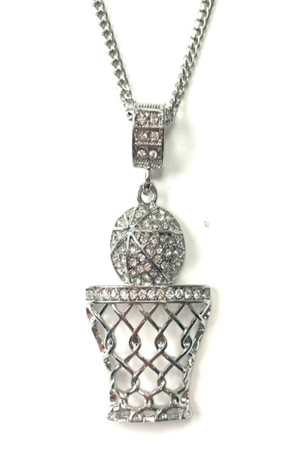 A stylish crystal accent basketball pendant necklace with a 30-inch chain and lobster claw clasp.