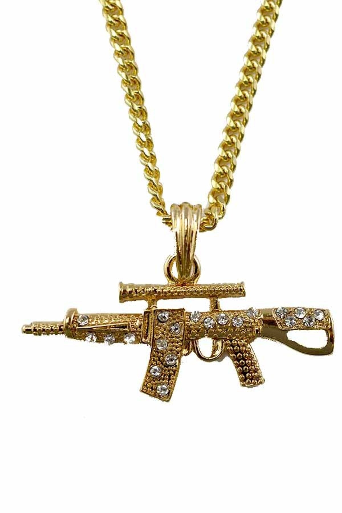 Hip Hop Cool Machine Gun Pendant Necklace with a unique design, featuring a machine gun pendant and a durable lobster claw clasp.