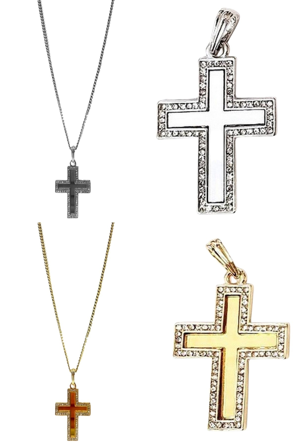 Rhinestone cross pendant necklace with sparkling details, approximately 28 inches long.