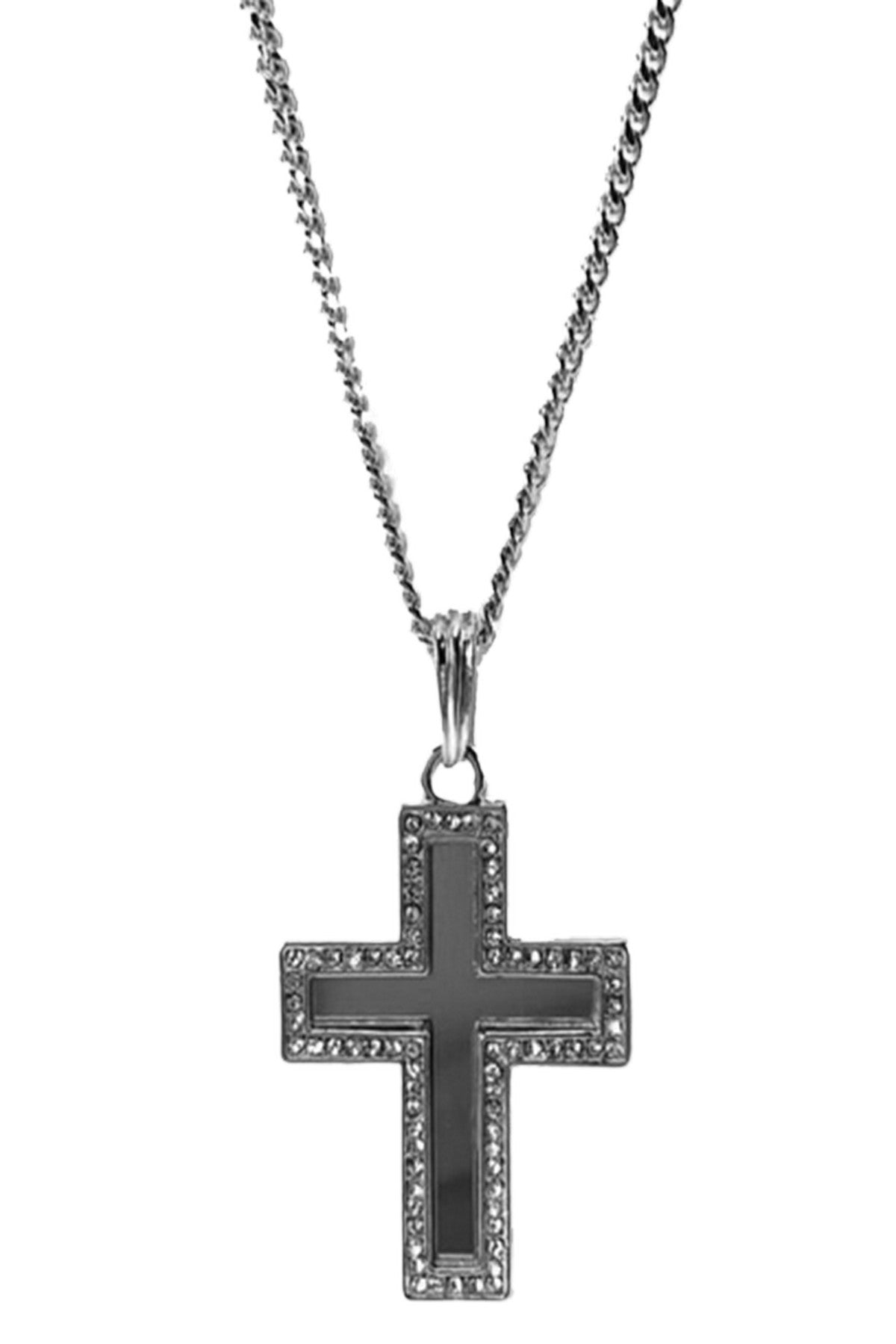 Rhinestone cross pendant necklace with sparkling details, approximately 28 inches long.