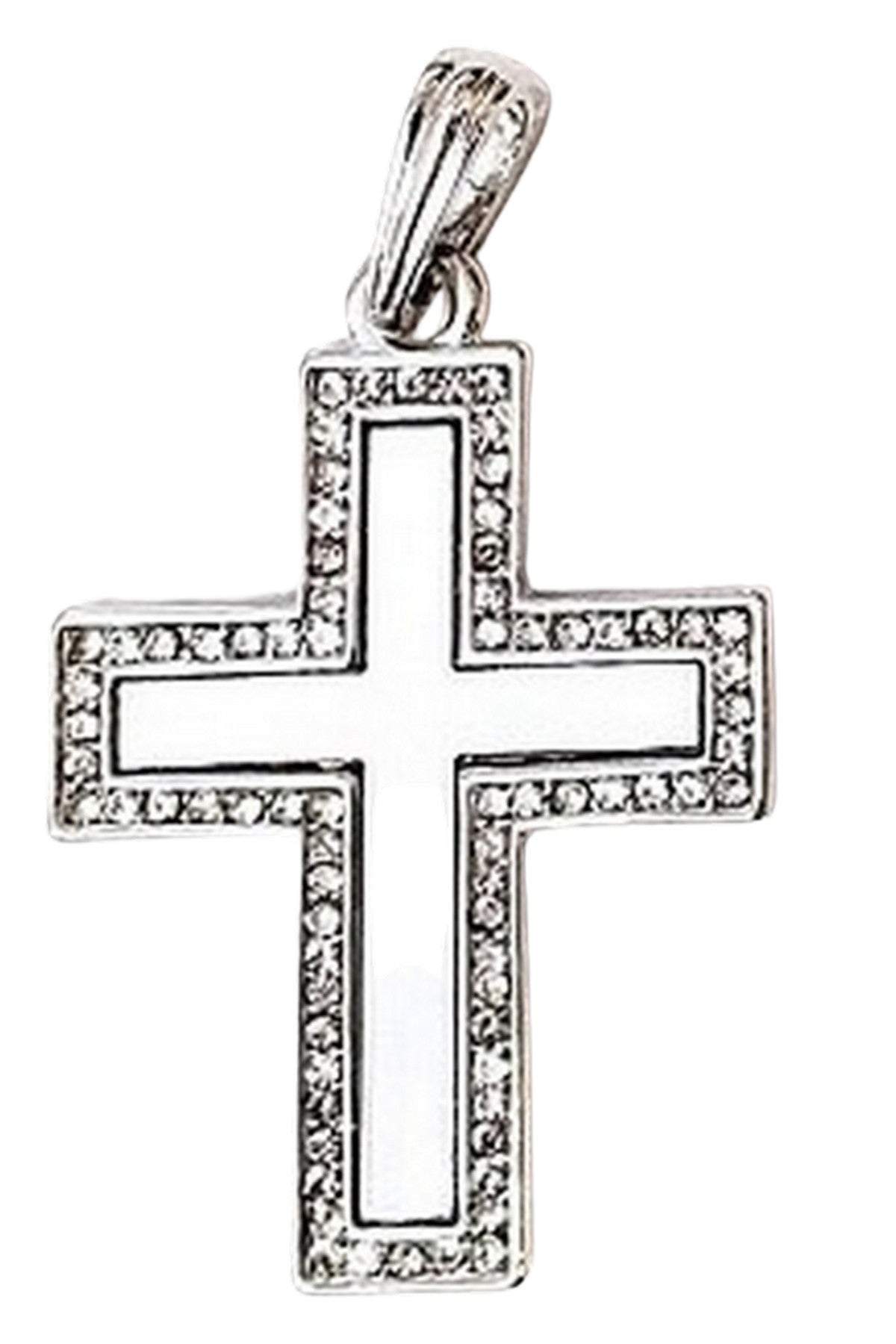 Rhinestone cross pendant necklace with sparkling details, approximately 28 inches long.