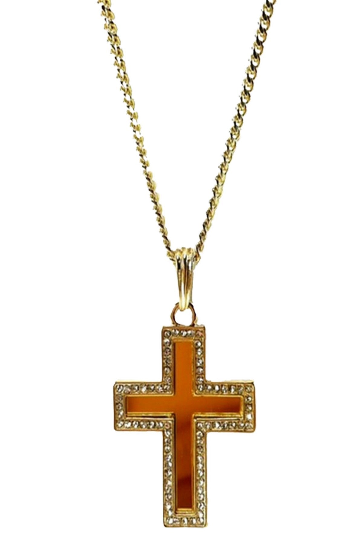 Rhinestone cross pendant necklace with sparkling details, approximately 28 inches long.