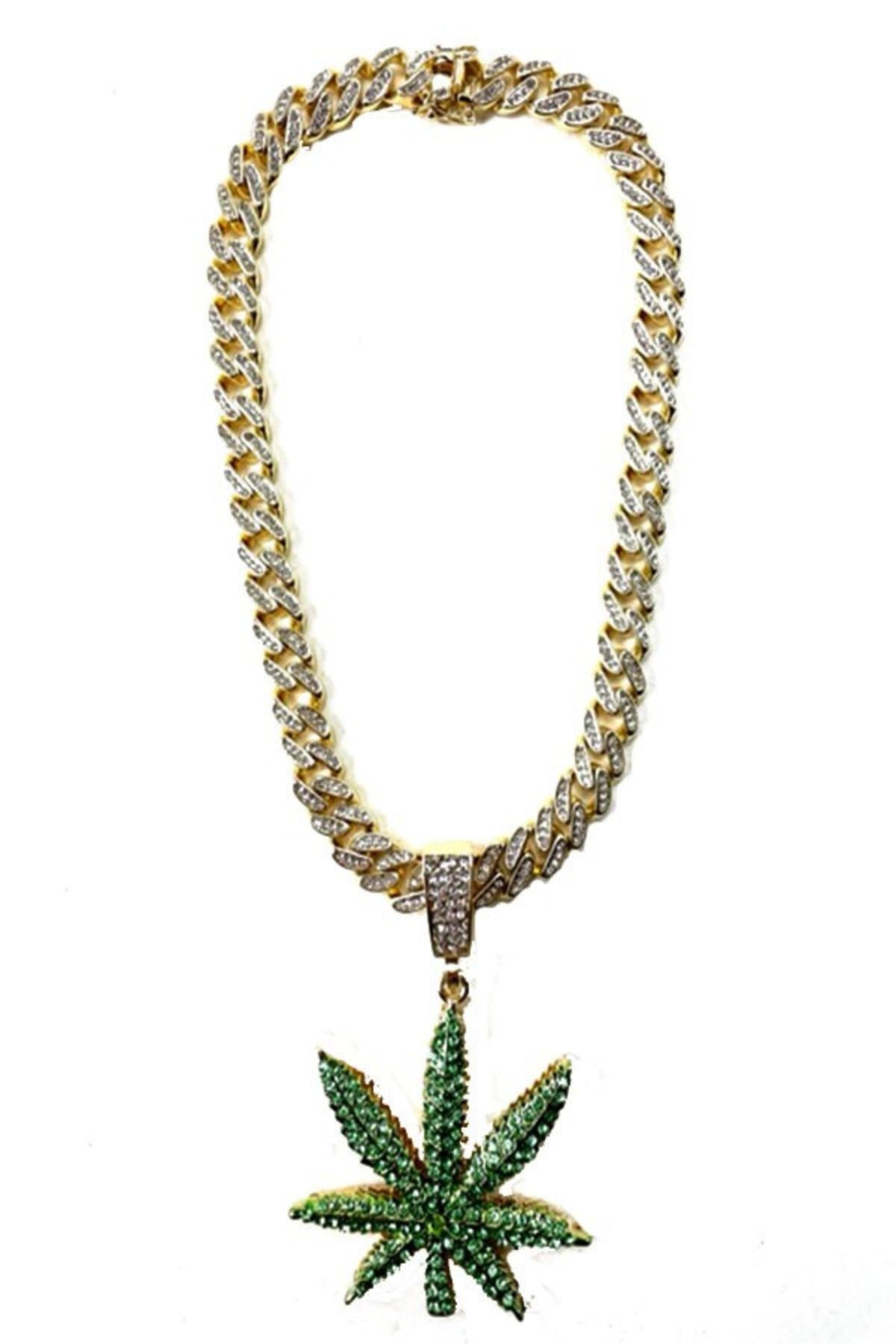 Hip Hop Rhinestone Leaf Pendant Necklace with sparkling rhinestones and a stylish leaf design.