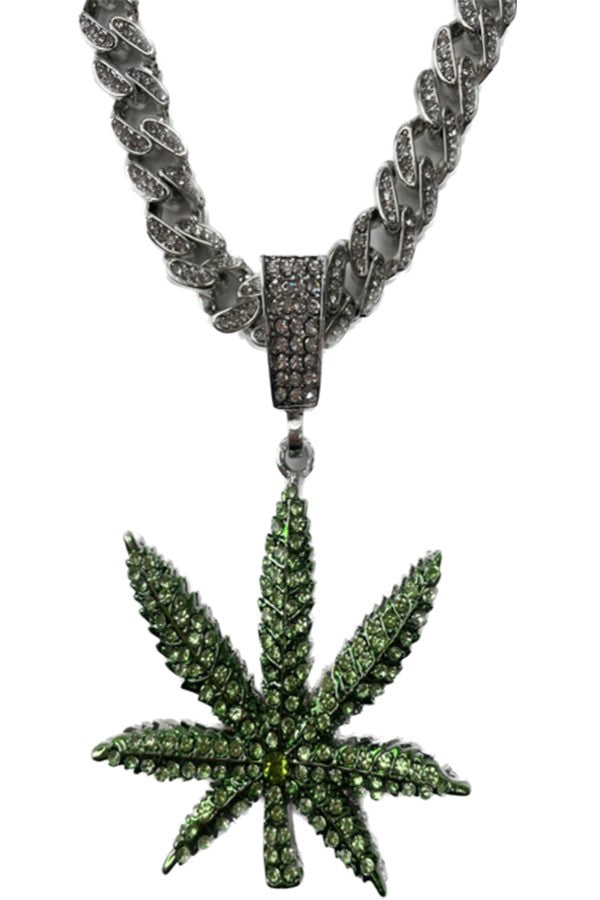 Hip Hop Rhinestone Leaf Pendant Necklace with sparkling rhinestones and a stylish leaf design.