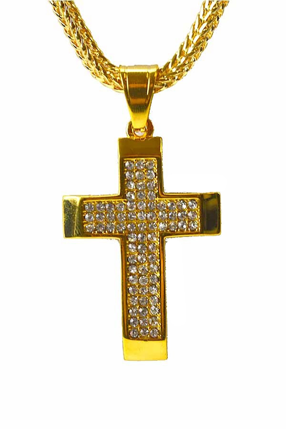 Elegant crystal cross pendant necklace with a fox chain, showcasing its intricate design and quality craftsmanship.