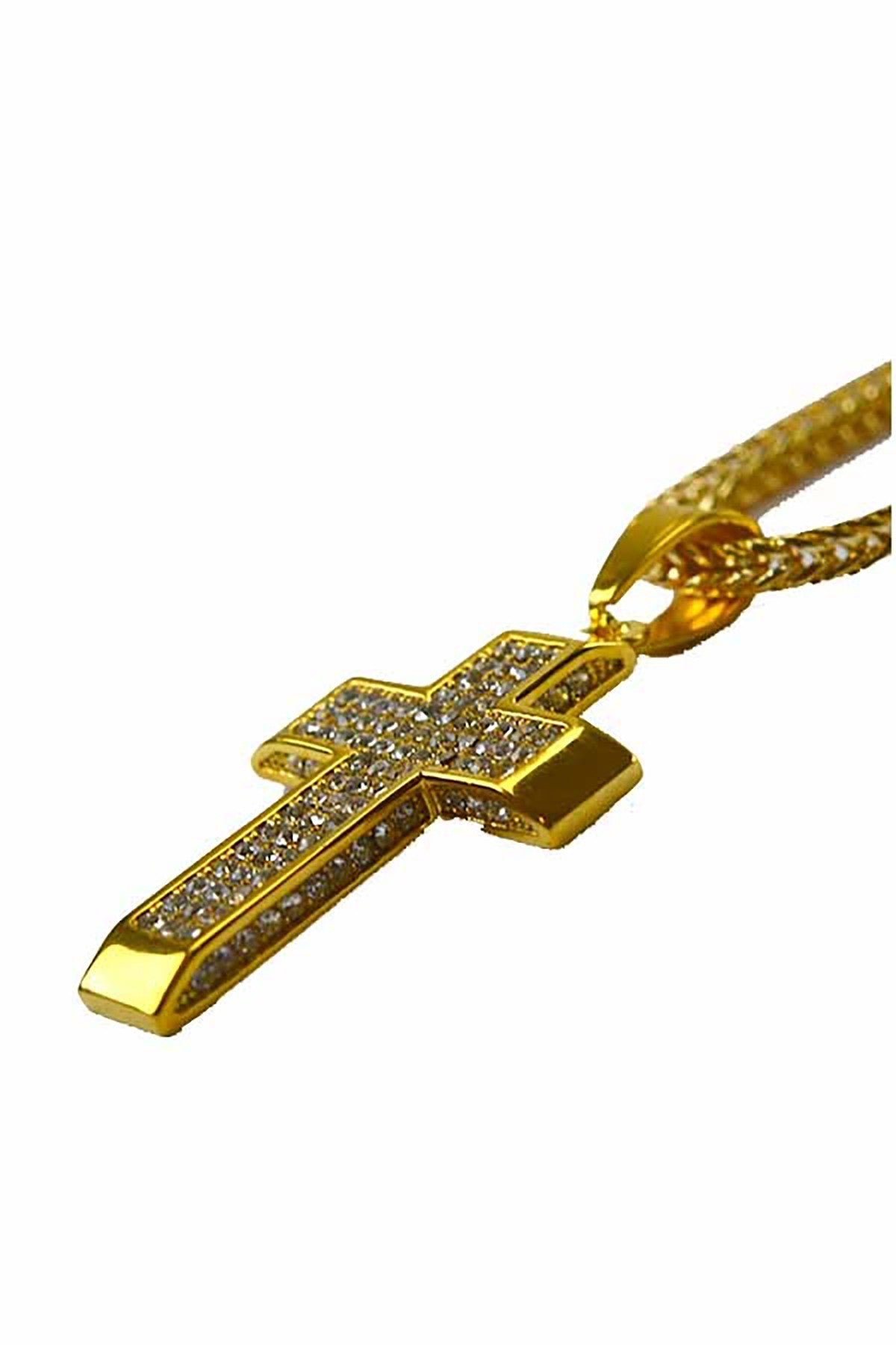 Elegant crystal cross pendant necklace with a fox chain, showcasing its intricate design and quality craftsmanship.