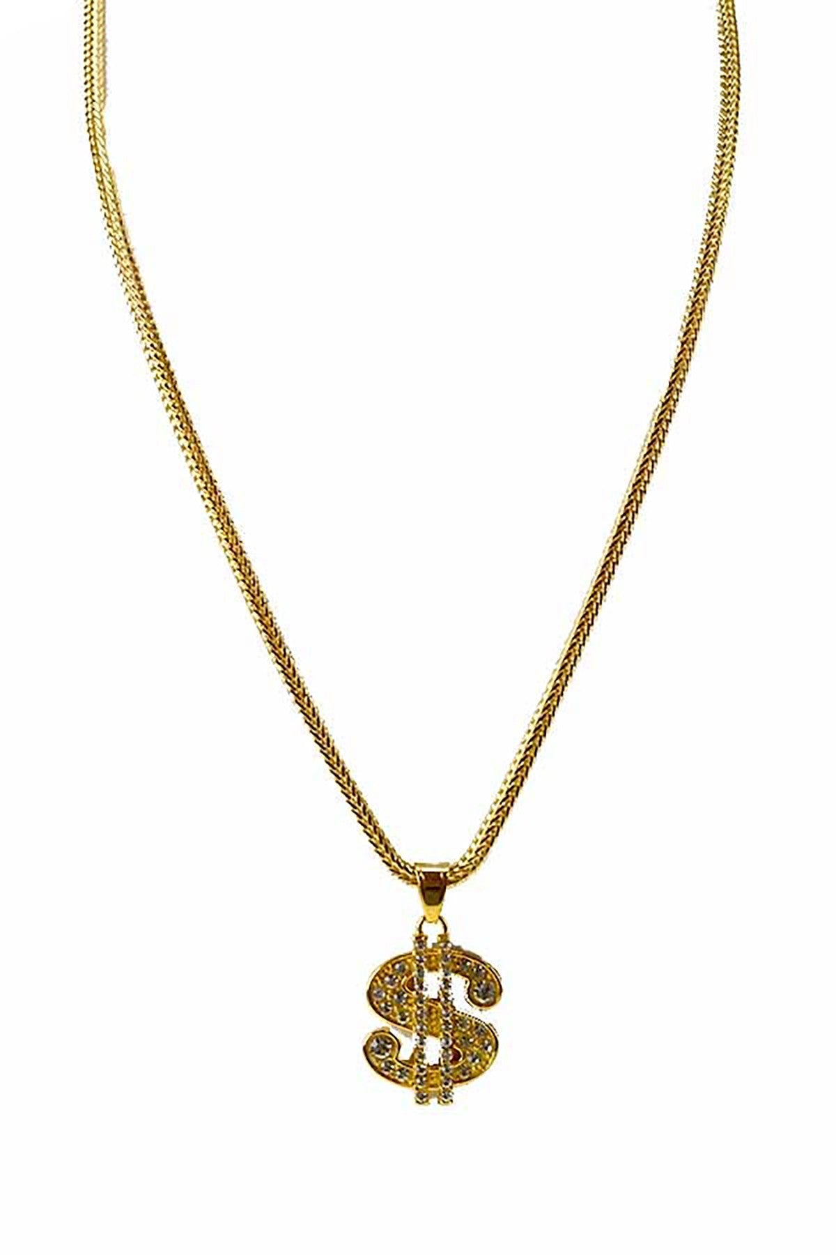 A stylish crystal dollar sign pendant necklace with a lobster claw clasp, showcasing a sparkling design.