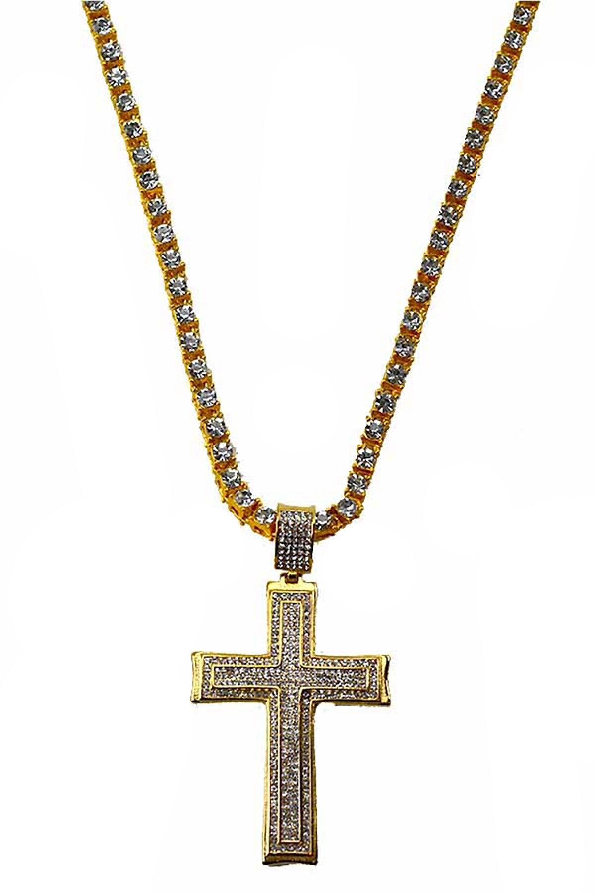 Elegant crystal cross pendant necklace with a crystal chain, featuring a lobster claw clasp.