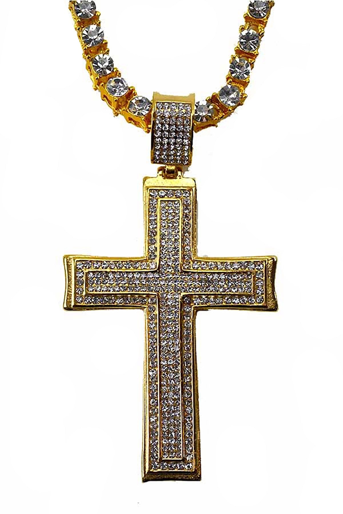 Elegant crystal cross pendant necklace with a crystal chain, featuring a lobster claw clasp.