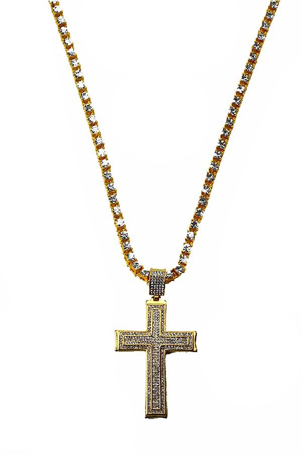 Elegant crystal cross pendant necklace with a crystal chain, featuring a lobster claw clasp.