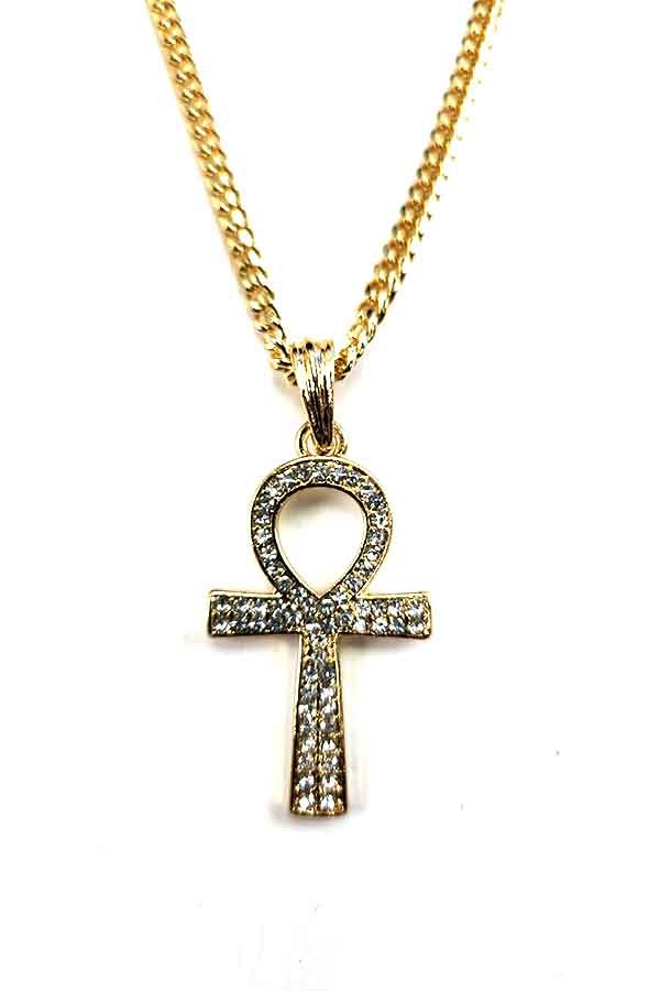 Crystal Ankh Cross Pendant Necklace with sparkling crystals on a delicate chain, measuring approximately 28 inches in length.