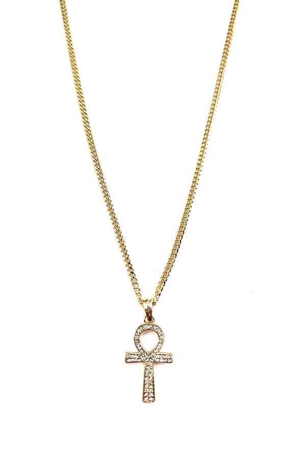 Crystal Ankh Cross Pendant Necklace with sparkling crystals on a delicate chain, measuring approximately 28 inches in length.