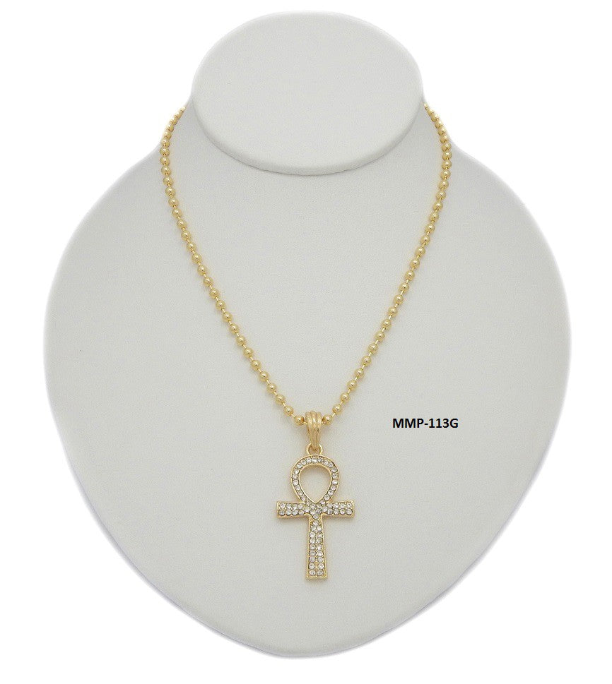 Crystal Ankh Cross Pendant Necklace with sparkling crystals on a delicate chain, measuring approximately 28 inches in length.