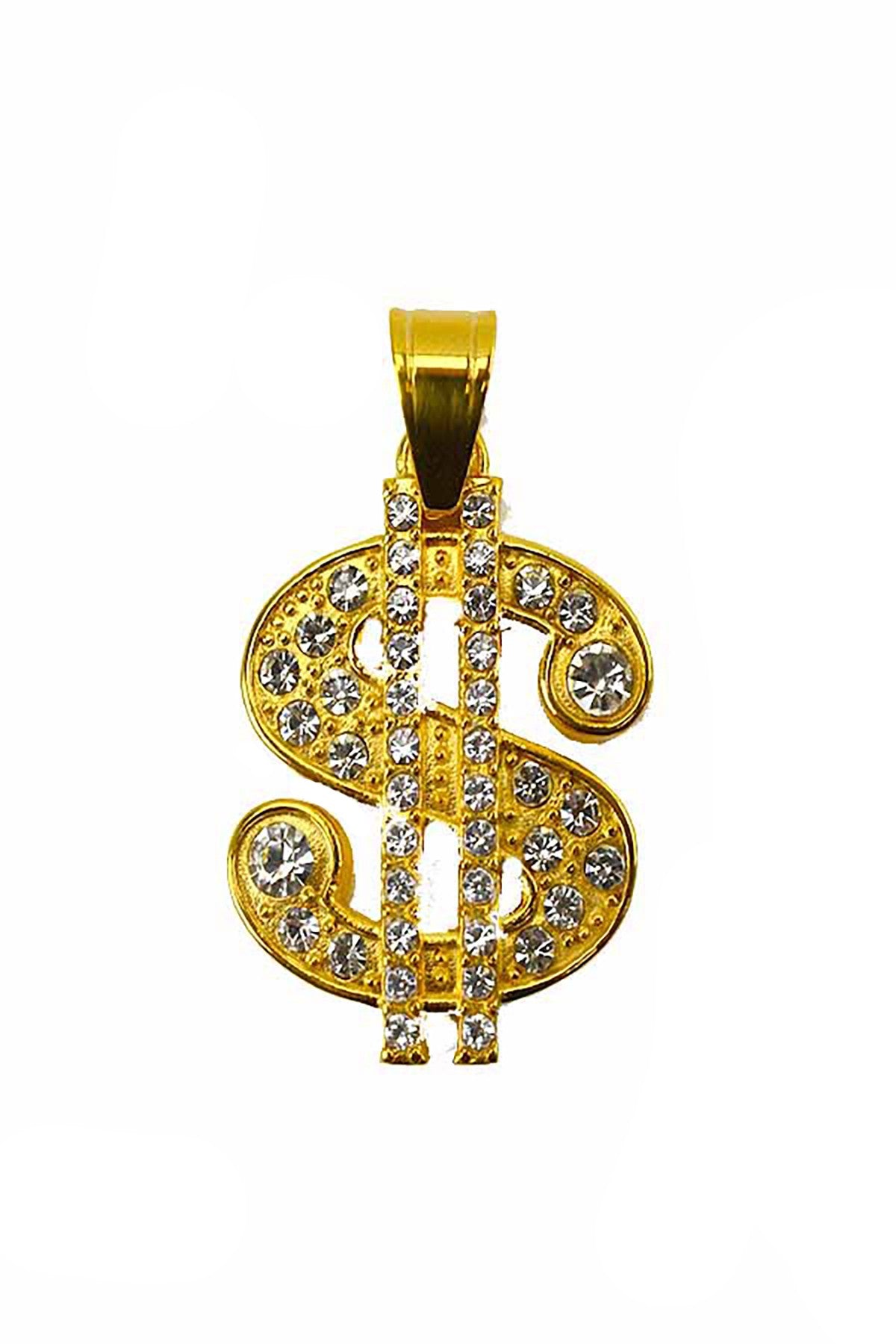 A sparkling crystal dollar sign pendant measuring 2 inches by 1 inch, showcasing its elegant design and shine.