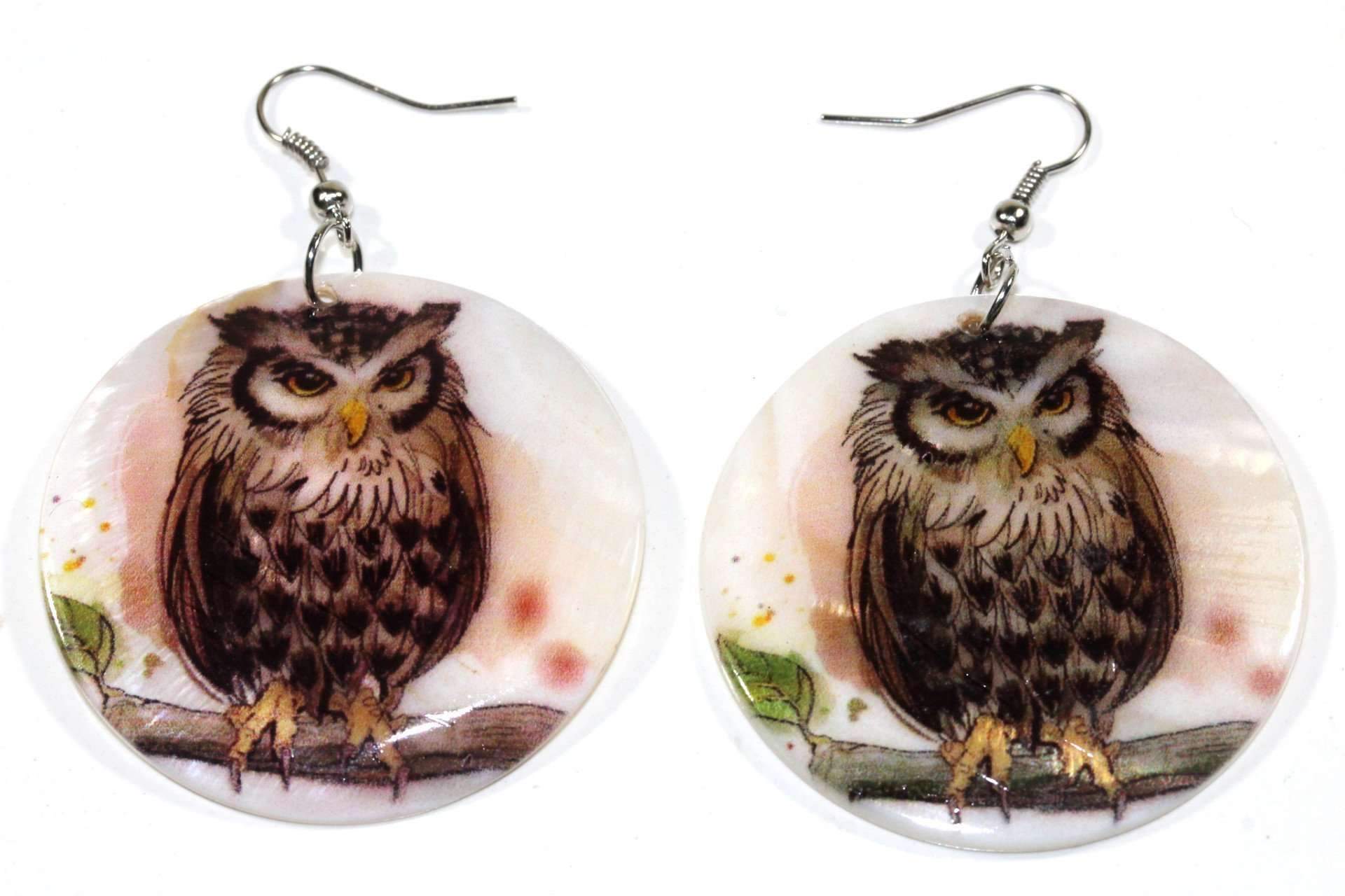 Elegant Perched Wise Owl Mother of Pearl Earrings showcasing a majestic owl design on natural pearl discs.