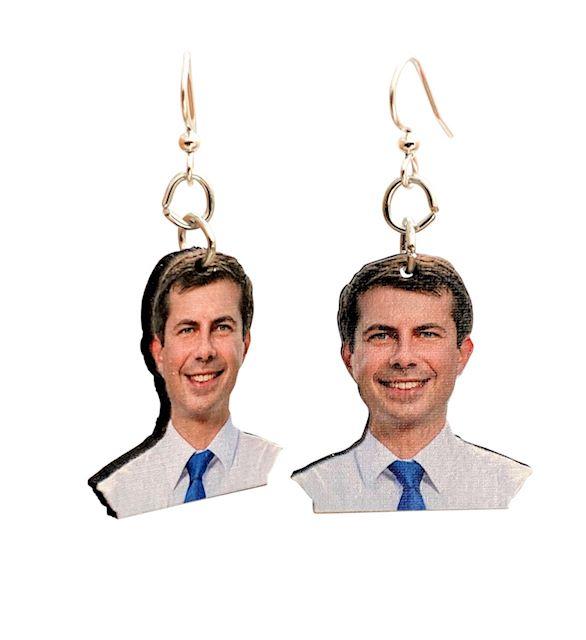 Stylish Pete Buttigieg Earrings made from sustainably sourced wood with a laser-cut design and silver-finished ear wires.