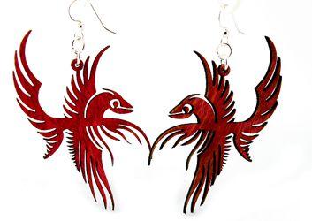 A pair of vibrant Cherry Red Phoenix Bird Earrings, intricately laser-cut from sustainable wood with hypoallergenic stainless steel ear wires.