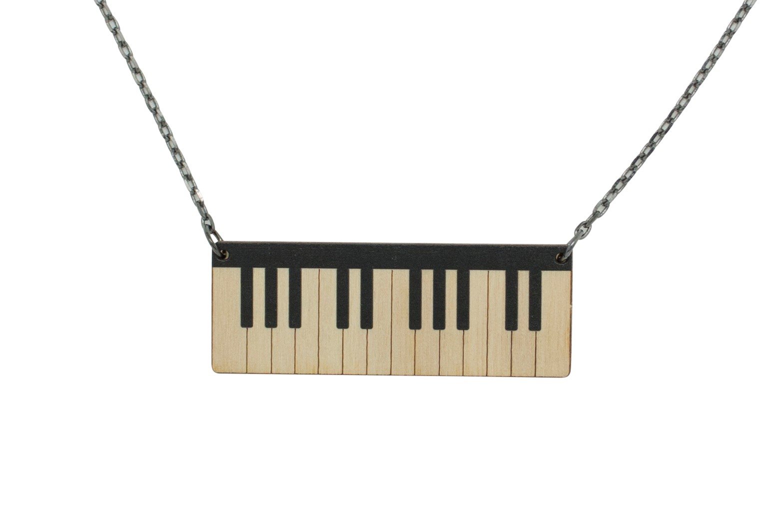 Piano Necklace #6105 featuring a laser-cut wood design with a piano motif, attached to a stainless steel chain.