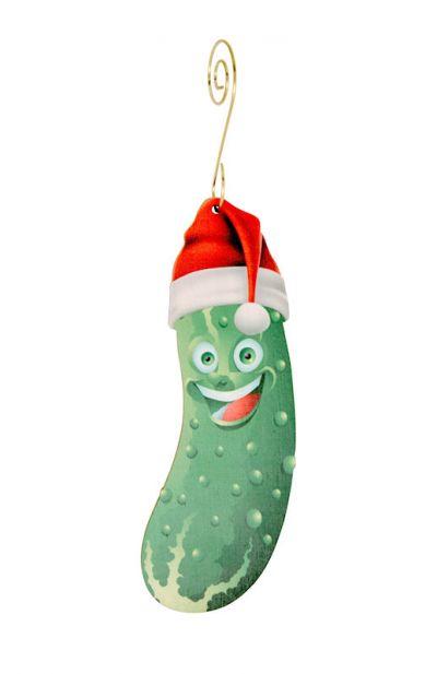 Eco-friendly Pickle Ornament #9960 made from birch wood or recycled paper, featuring a unique pickle shape and glossy finish.