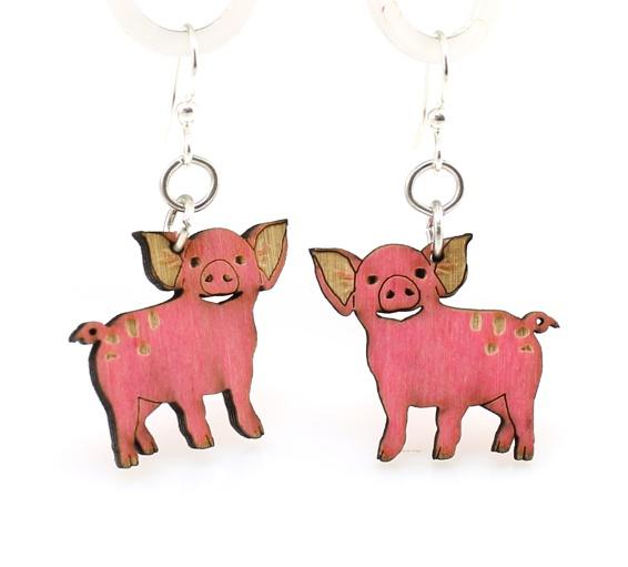 Charming Piglet earrings made from sustainably sourced wood, featuring intricate laser-cut design and hypoallergenic stainless steel ear wires.