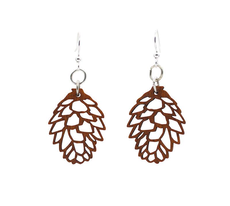 A pair of lightweight Pine Cone Earrings made from sustainably sourced wood, featuring silver-finished stainless steel ear wires.