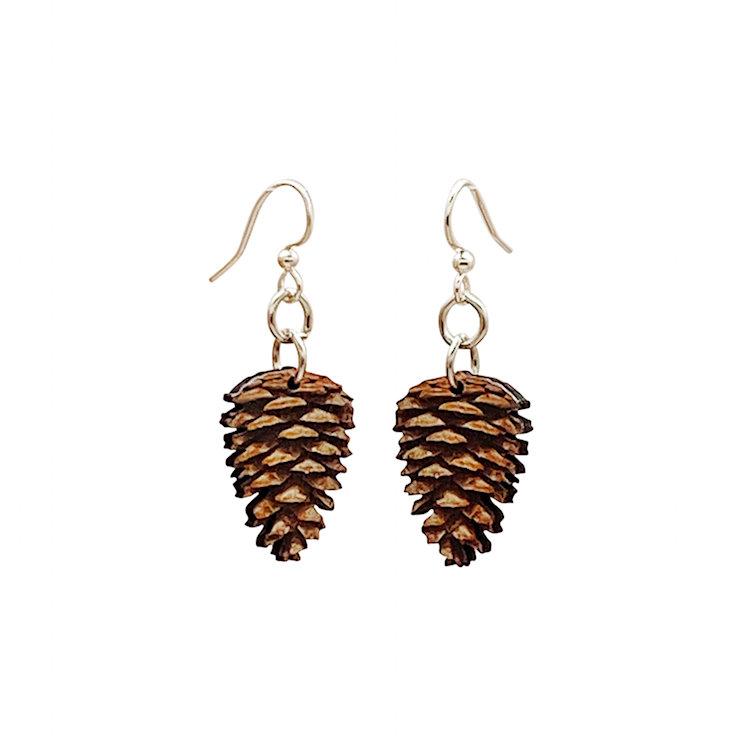 A pair of lightweight Pine Cone Earrings made from sustainably sourced wood, featuring silver-finished stainless steel ear wires.