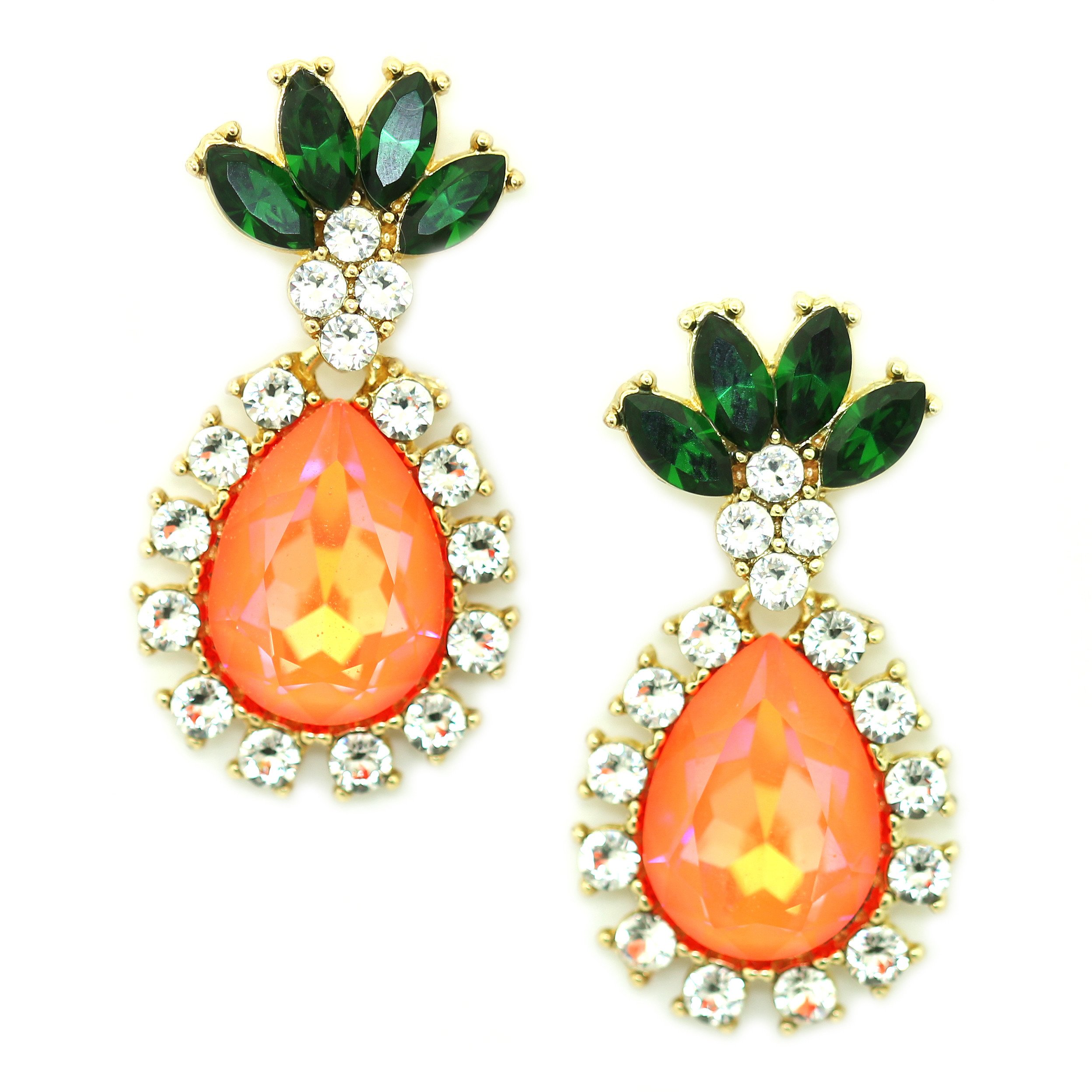 Gold tone pineapple drop earrings adorned with Swarovski crystal rhinestones, elegantly displayed in a KP pink jewelry box.