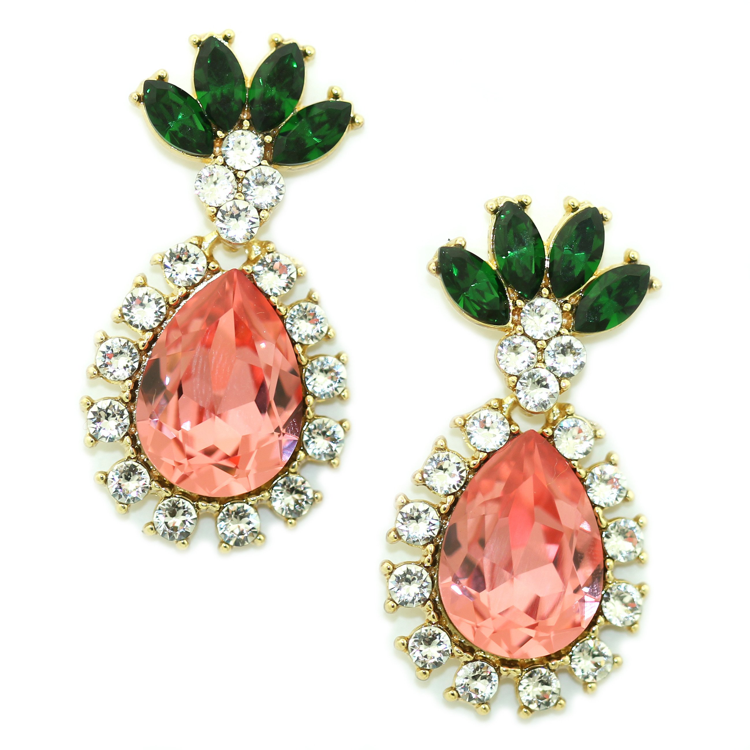 Gold tone pineapple drop earrings adorned with Swarovski crystal rhinestones, elegantly displayed in a KP pink jewelry box.