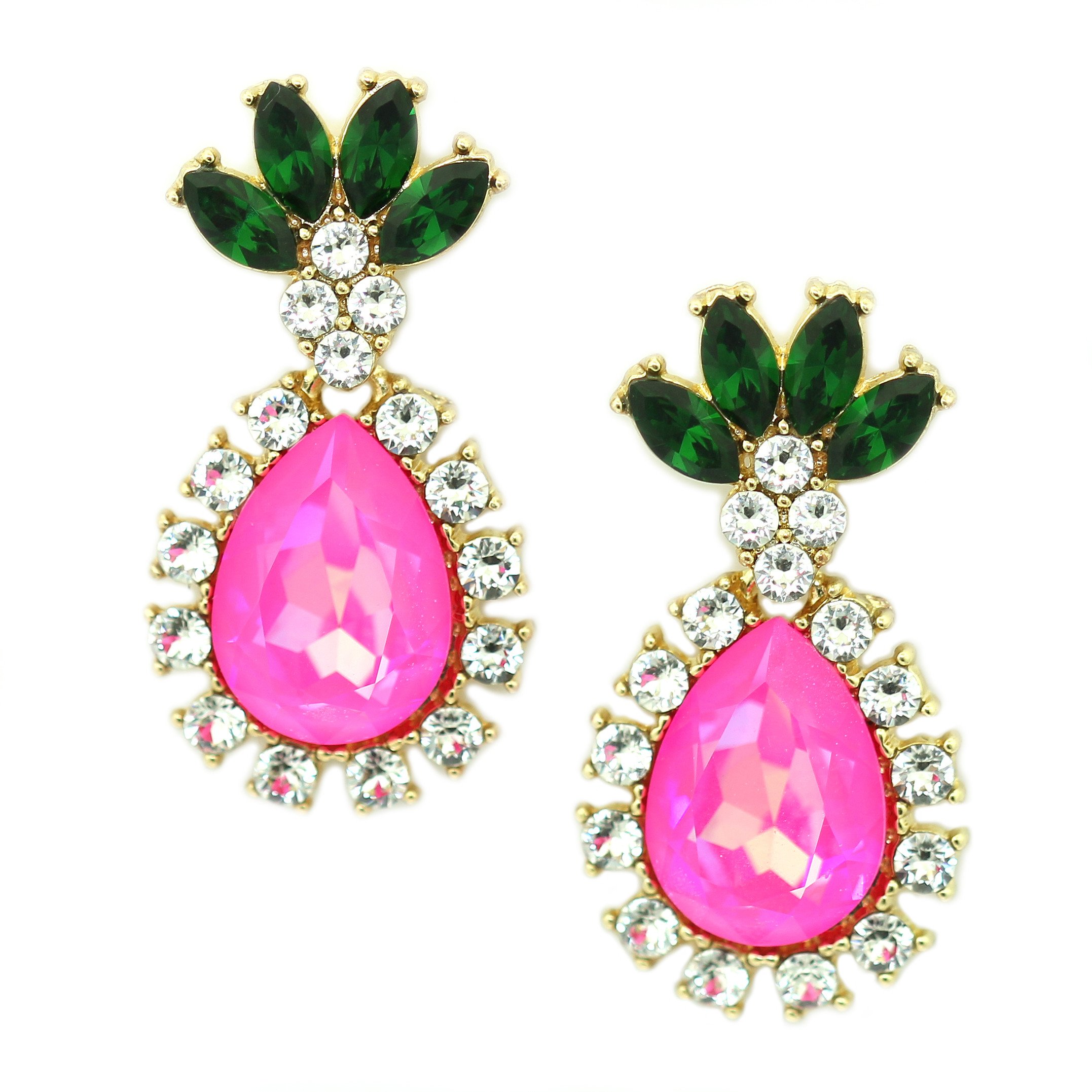 Gold tone pineapple drop earrings adorned with Swarovski crystal rhinestones, elegantly displayed in a KP pink jewelry box.