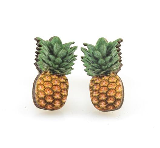 Colorful pineapple stud earrings made from lightweight wood, featuring silver plated hypoallergenic earstuds.